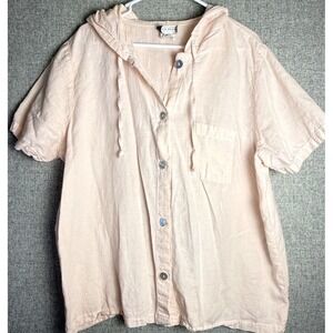 Vintage 80s/90s Linen Blend Short Sleeve Pink Hooded Button Up Shirt XXL/1XL